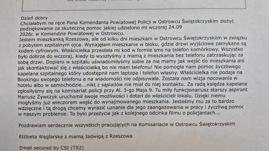 Podziękowanie dla policji za pomoc w trudnej sytuacji